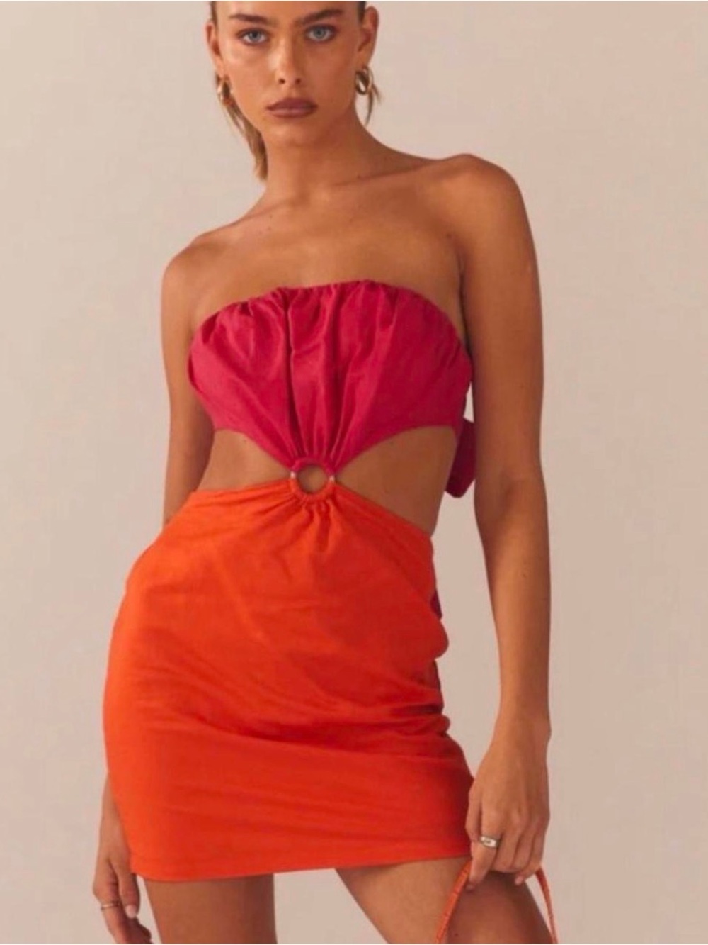 Peppermayo Sunset Splice Two-Tone Mini Dress in Orange & Pink